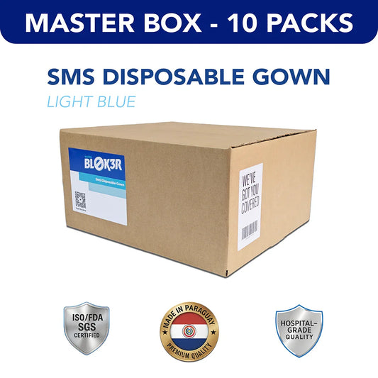 Master box of 10 packs SMS disposable gowns, hospital-grade, ISO/FDA certified, MEGA USA