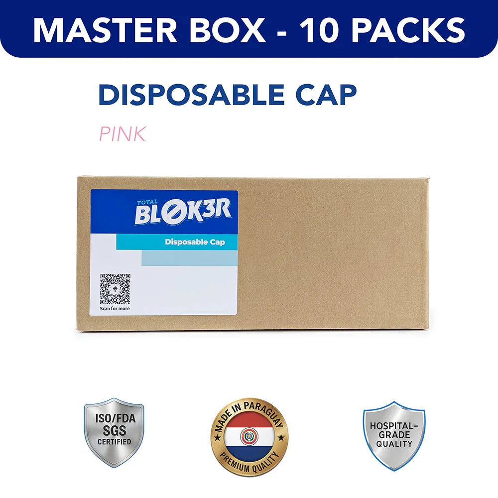 Master box of pink disposable caps by TOTAL BLOK3R, hospital-grade, bulk wholesale packaging.
