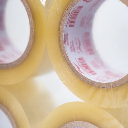 Close-up of transparent packaging tape rolls for shipping and wholesale by MEGA USA