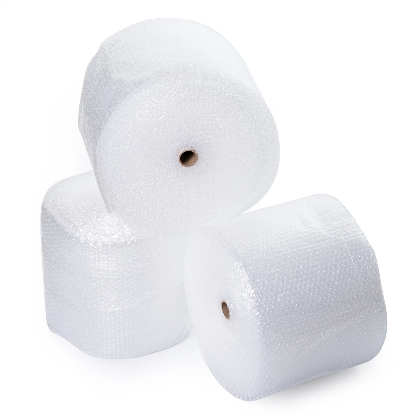 Three large rolls of clear bubble wrap packing material for shipping and packaging supplies