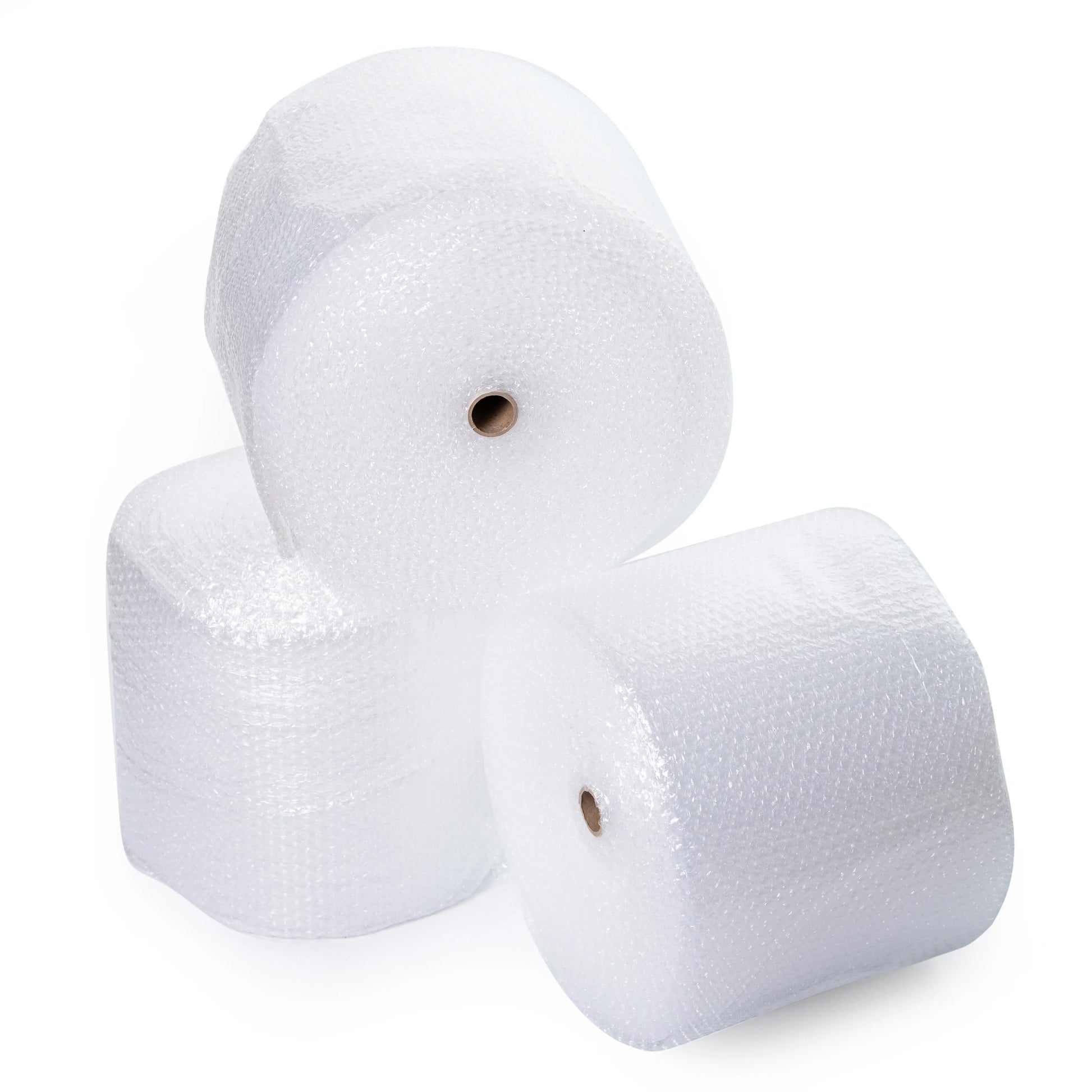Three large rolls of clear bubble wrap packing material for shipping and packaging supplies