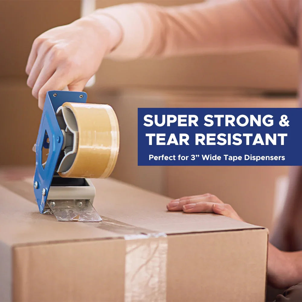 Person sealing cardboard box with transparent packing tape, super strong and tear resistant, MEGA USA