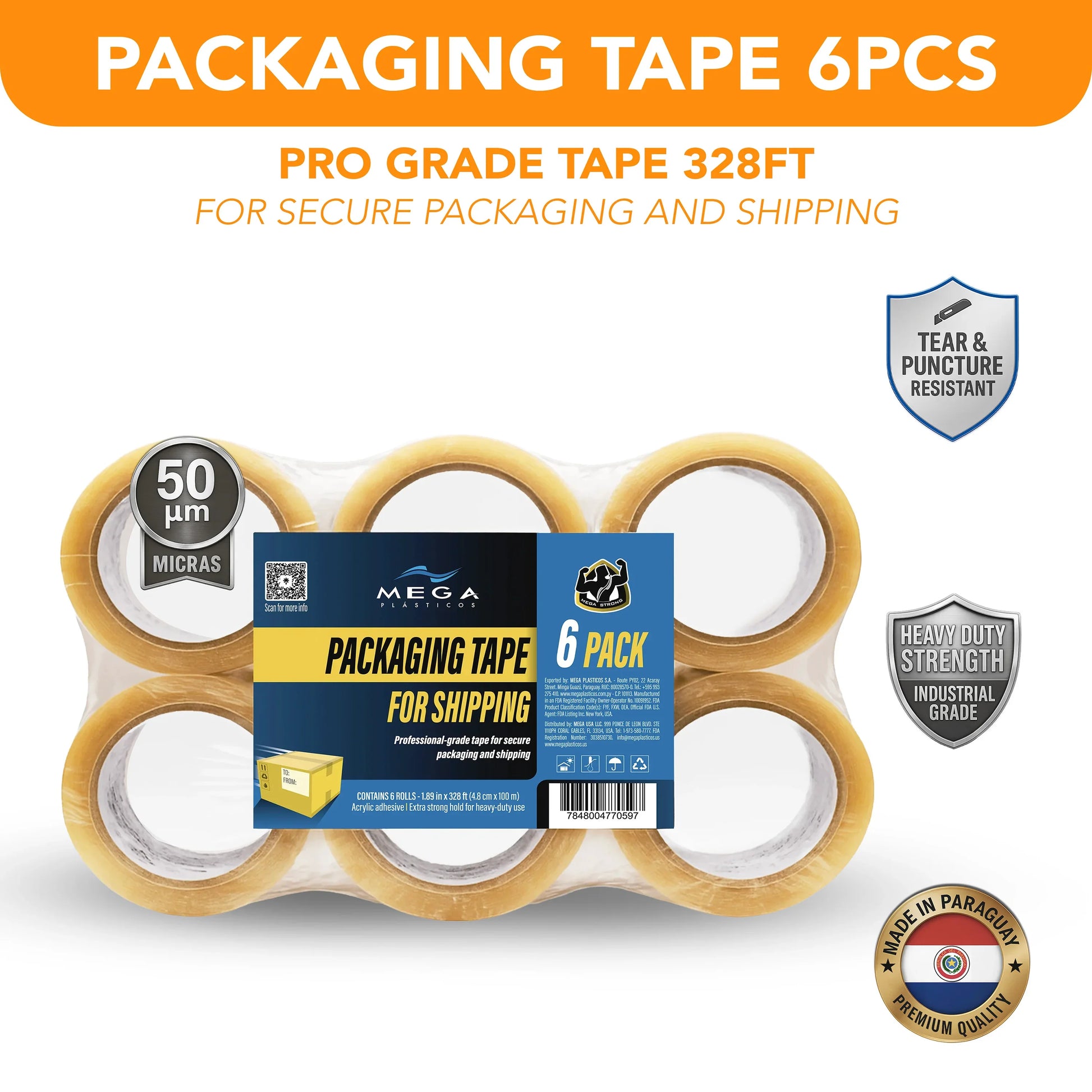 Six-pack of MEGA USA clear packaging tape rolls, 50 micron industrial grade, for shipping and sealing.