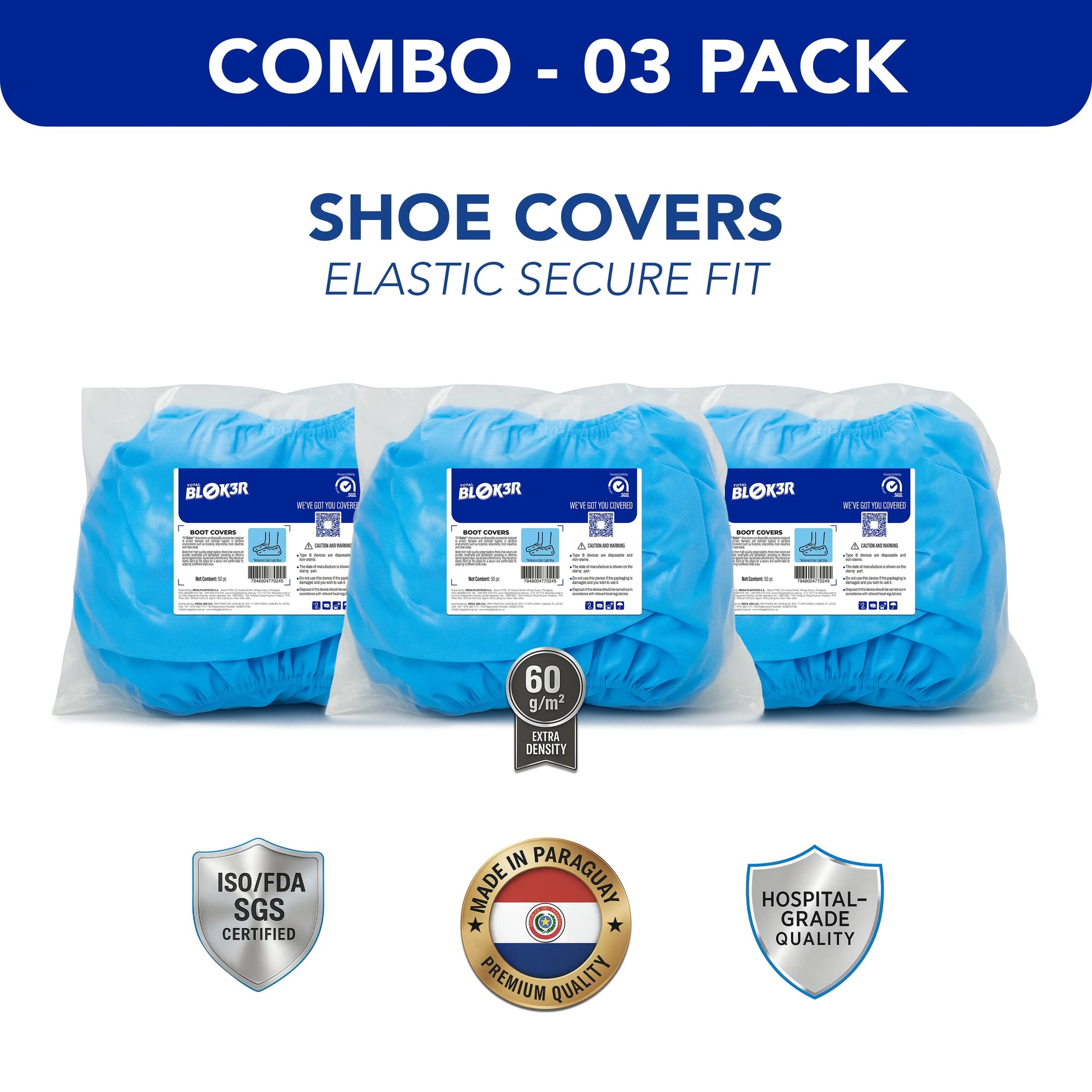 Combo pack of three blue hospital-grade disposable shoe covers, elastic fit, MEGA USA