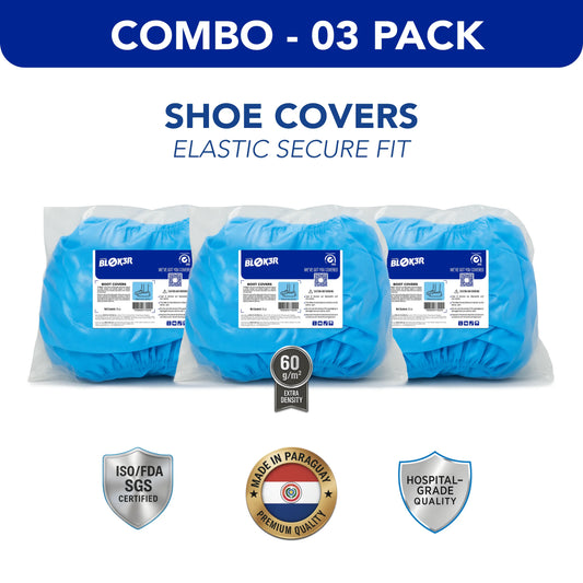 Combo pack of three blue hospital-grade disposable shoe covers, elastic fit, MEGA USA