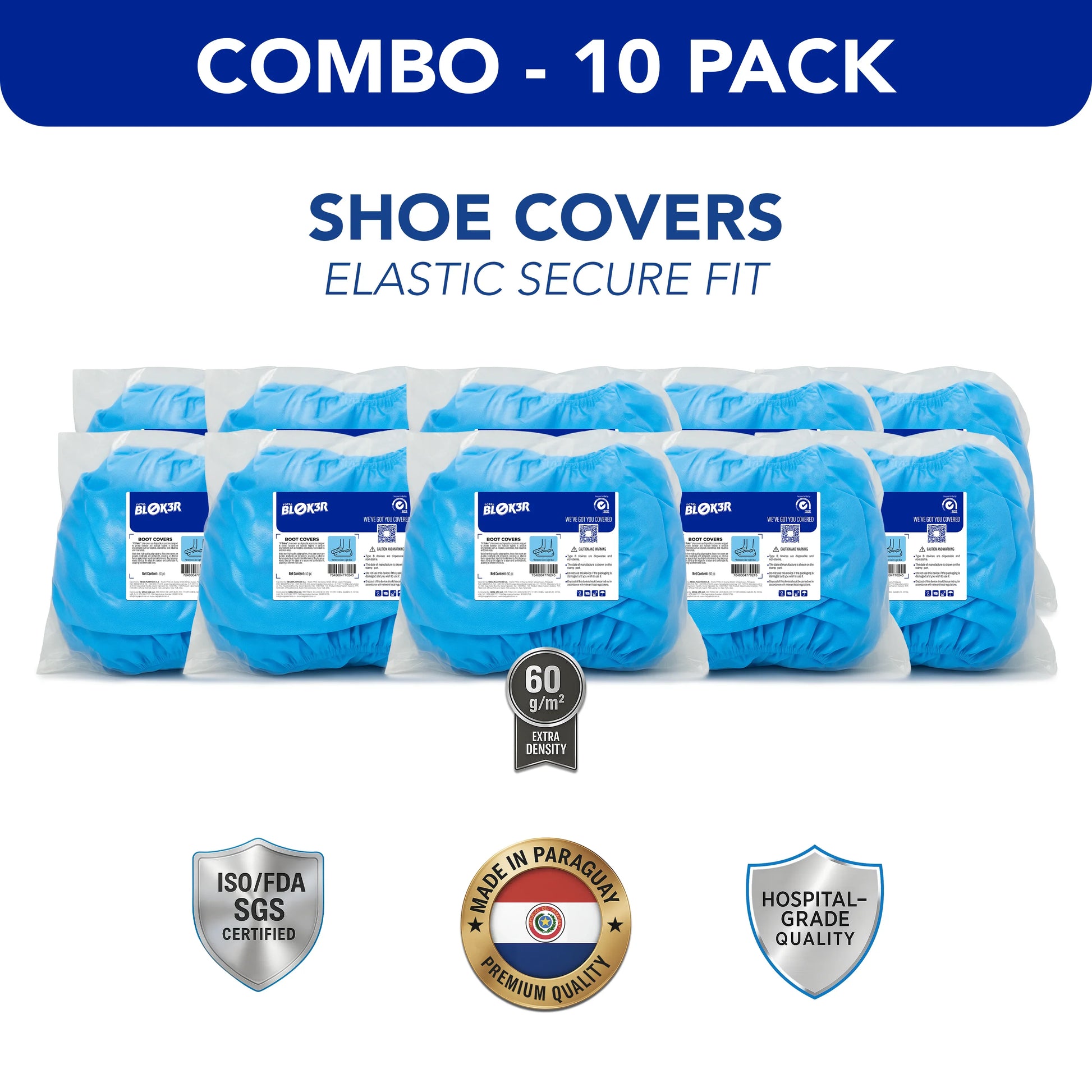 10 pack blue disposable hospital shoe covers with elastic, ISO and FDA certified, bulk wholesale