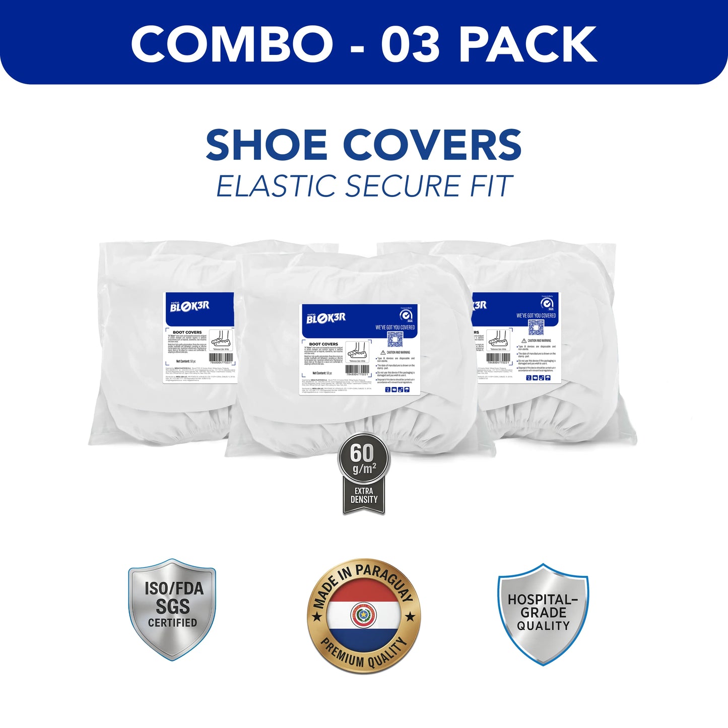 Hospital-grade shoe covers combo 3 pack, elastic secure fit, ISO/FDA certified, 60g density.