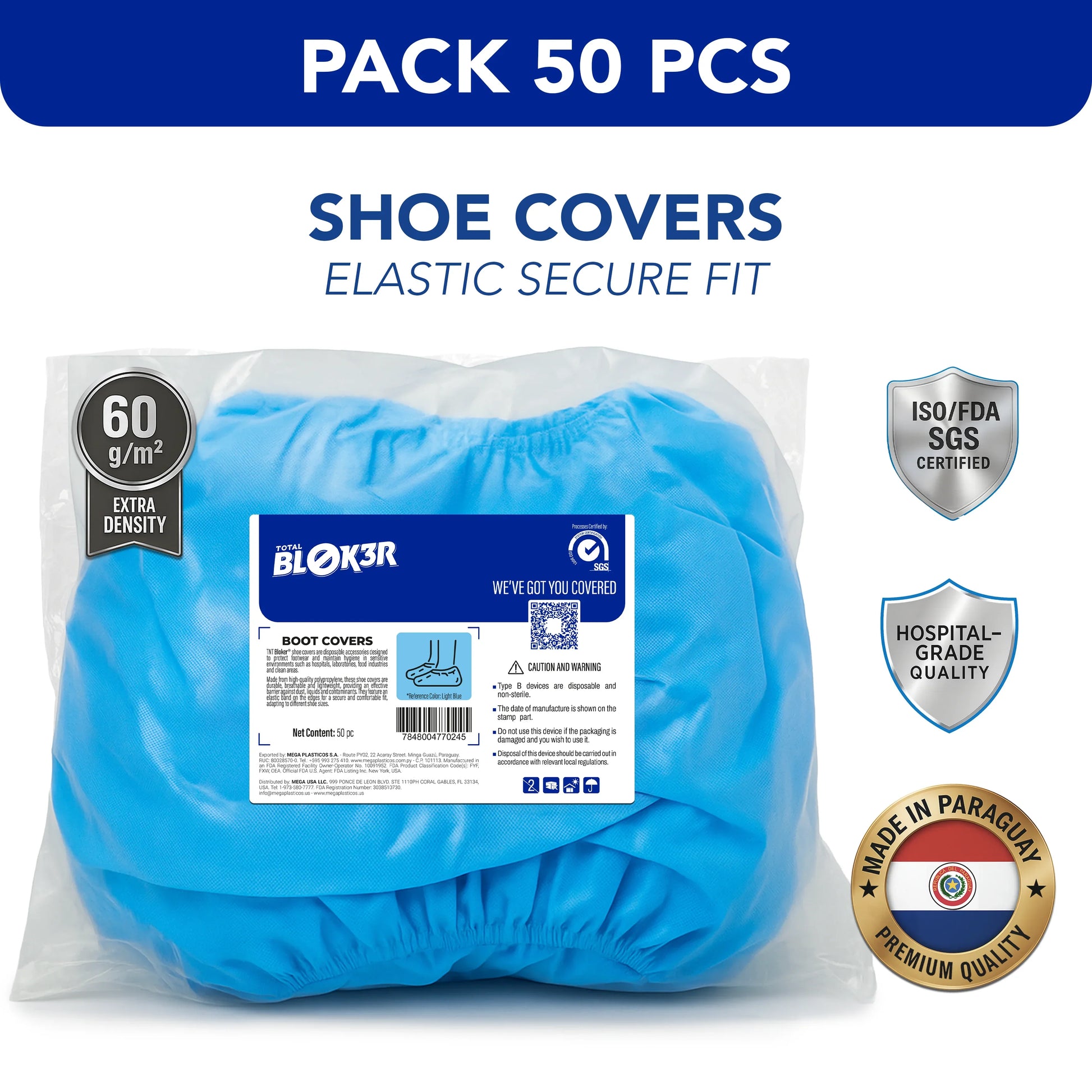 Pack of 50 blue hospital-grade elastic shoe covers, ISO/FDA certified, bulk wholesale