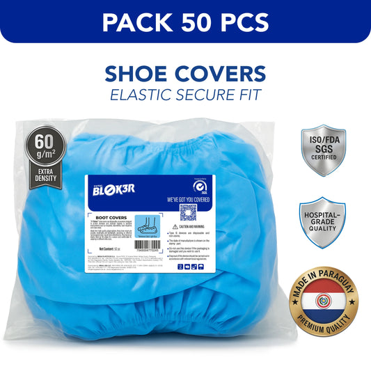 Pack of 50 blue hospital-grade elastic shoe covers, ISO/FDA certified, bulk wholesale