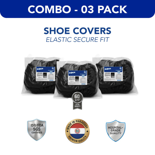 Combo pack of three black elastic hospital shoe covers, ISO/FDA certified, hospital grade quality.