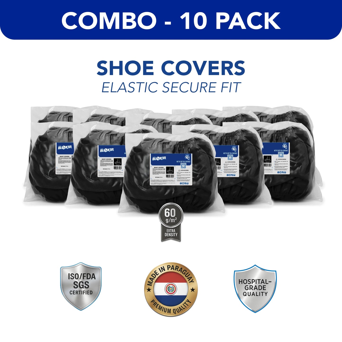 Combo 10 pack of black hospital-grade shoe covers, elastic fit, ISO/FDA certified, bulk wholesale.