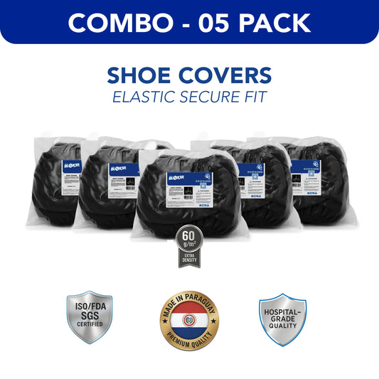 Combo 5 pack of black hospital-grade shoe covers, packaged, elastic fit, certified quality