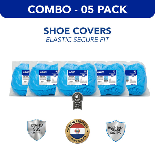 Combo 5 pack of blue disposable hospital shoe covers with elastic, hospital-grade, ISO/FDA certified, bulk wholesale from MEGA USA.
