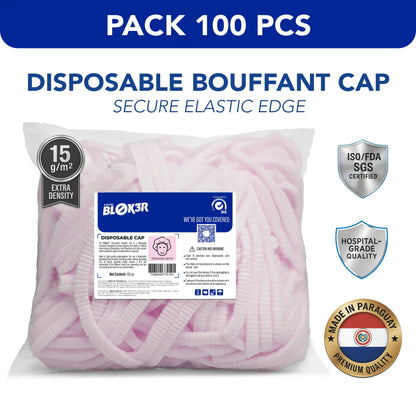 Pack of 100 pink disposable bouffant caps, hospital-grade, extra density, ISO/FDA certified.
