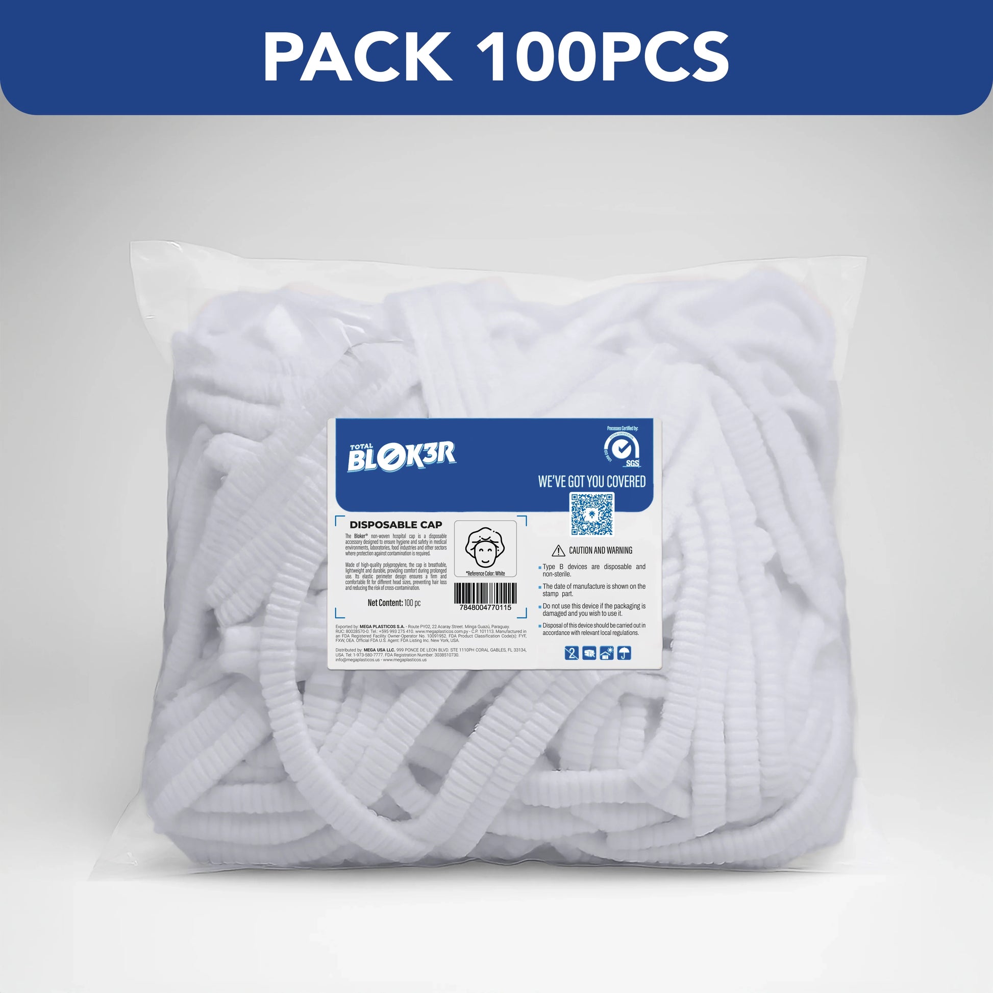Pack of 100 white disposable bouffant caps in clear bag for hospital or medical use