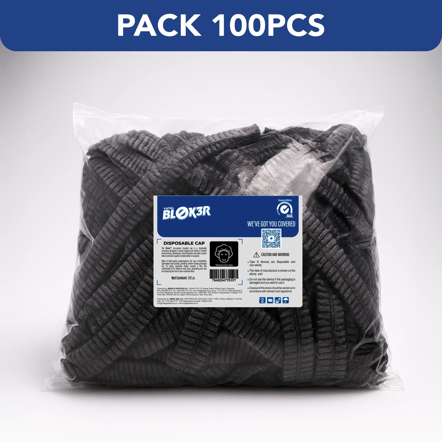 Bulk pack of 100 black disposable bouffant caps for hospitals by MEGA USA