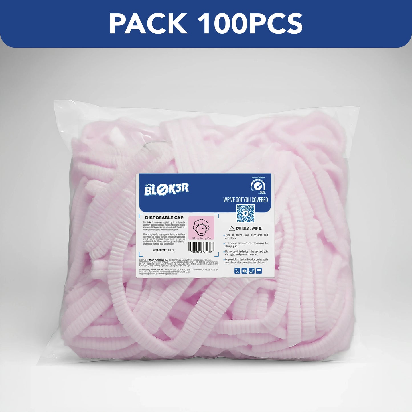 Pack of 100 pink disposable bouffant caps for hospital use, Total Blok3r brand.