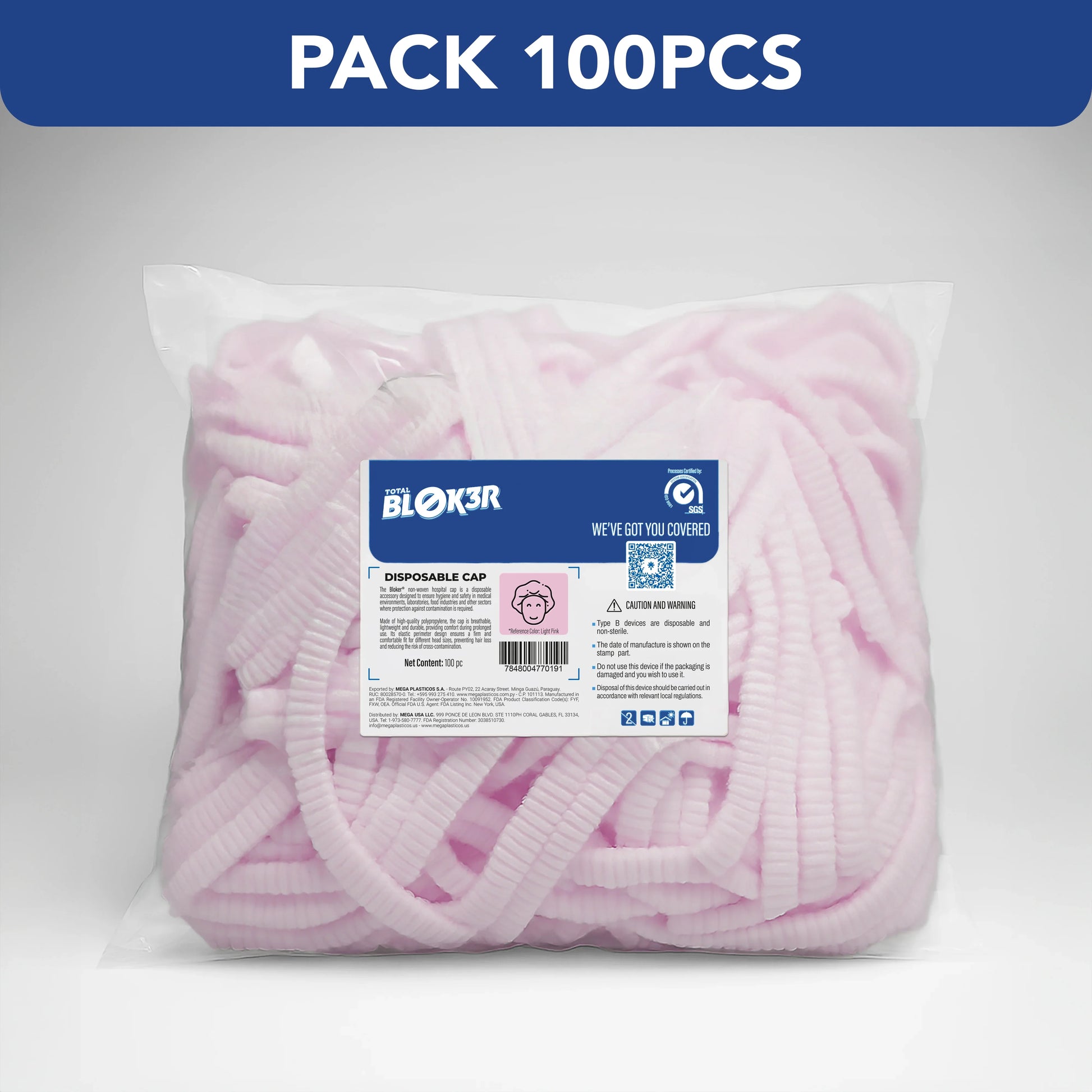 Pack of 100 pink disposable bouffant caps for hospital use, Total Blok3r brand.