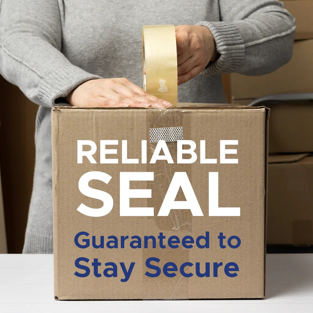 Person sealing cardboard shipping box with clear tape, text reads reliable seal guaranteed to stay secure. Mega USA packaging supplies.