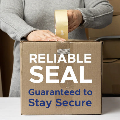 Person sealing cardboard shipping box with clear tape, text reads reliable seal guaranteed to stay secure. Mega USA packaging supplies.