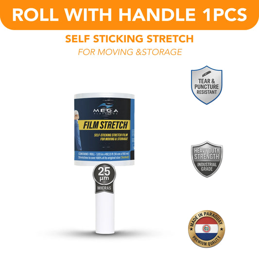 MEGA USA self-sticking stretch film roll with handle, 25 microns, heavy duty, tear resistant