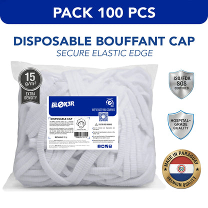 Bulk pack of 100 white disposable bouffant caps with elastic edge for hospital use, ISO/FDA certified.