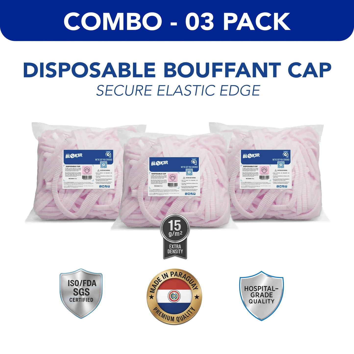 03 pack of pink disposable bouffant caps for hospitals, ISO and FDA certified, MEGA USA