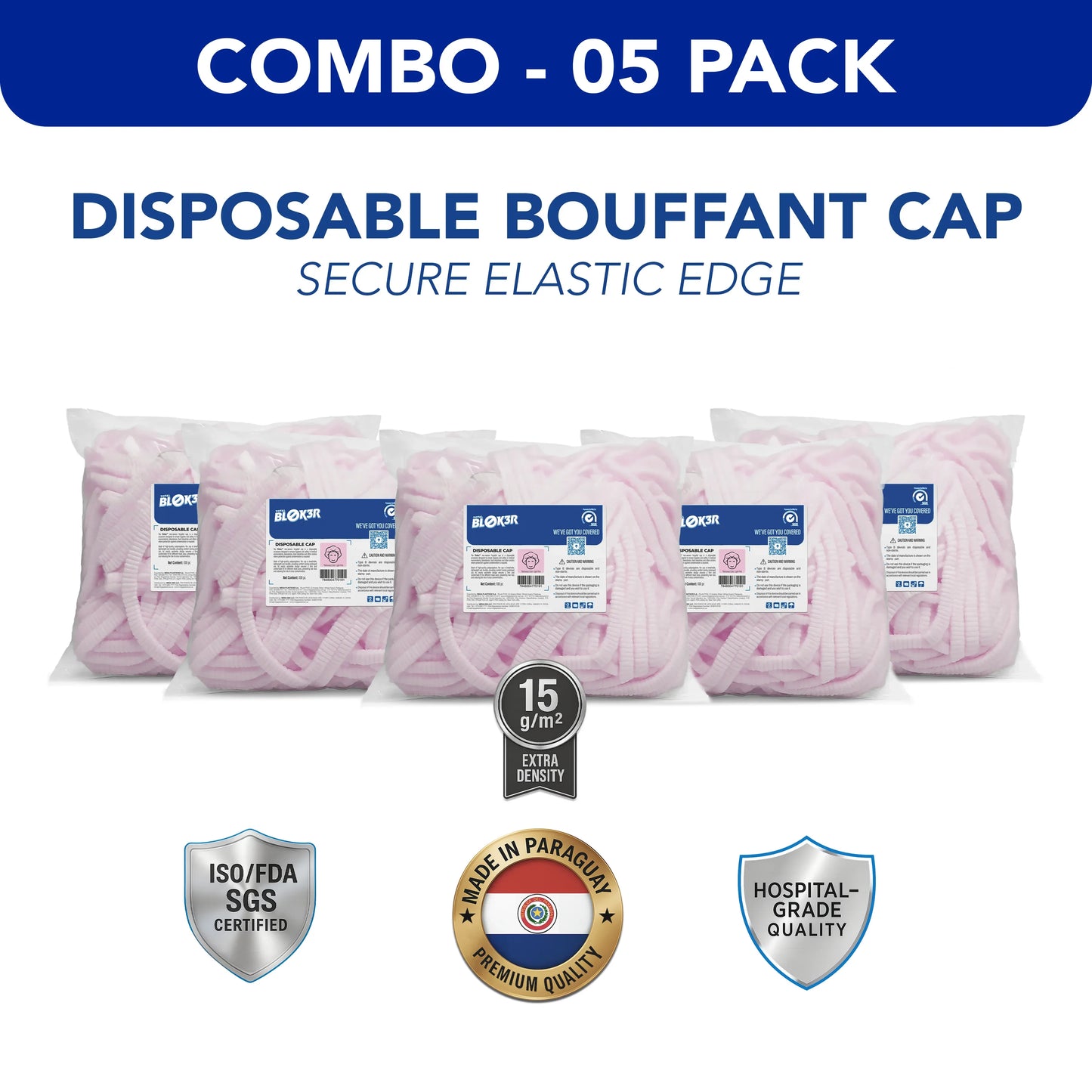 Combo pack of 5 pink disposable bouffant caps in bags, hospital-grade, 15g/m², MEGA USA