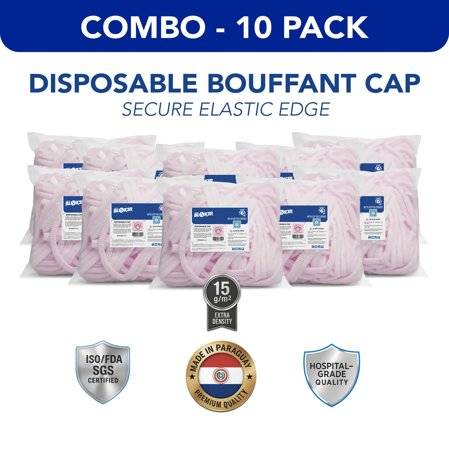 10 pack of pink disposable bouffant caps with elastic edge for hospitals, bulk packaging, ISO certified