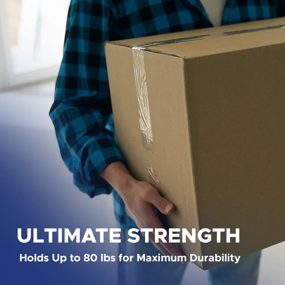 Person carrying large cardboard box sealed with tape, text highlights ultimate strength up to 80 lbs