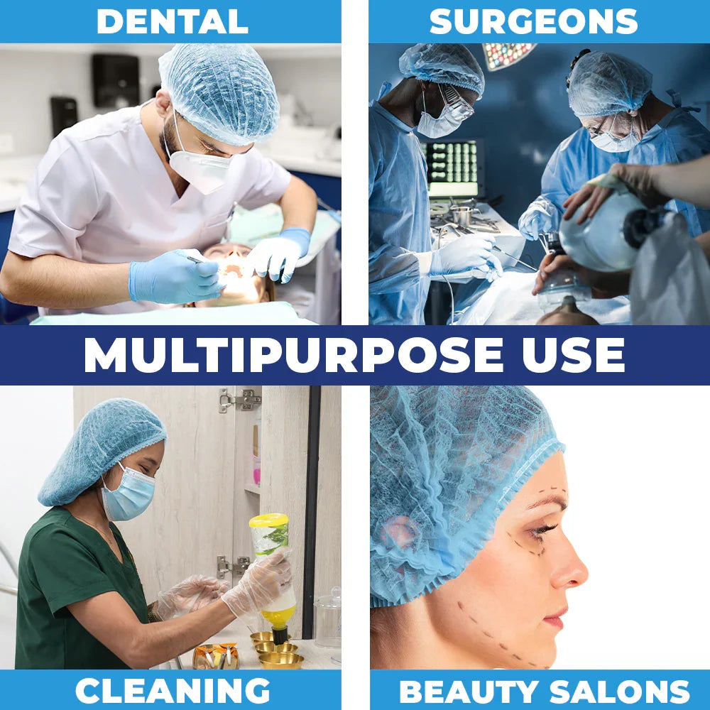 Dental, surgical, cleaning, and beauty salon professionals wearing disposable caps and gowns for multipurpose use from MEGA USA.