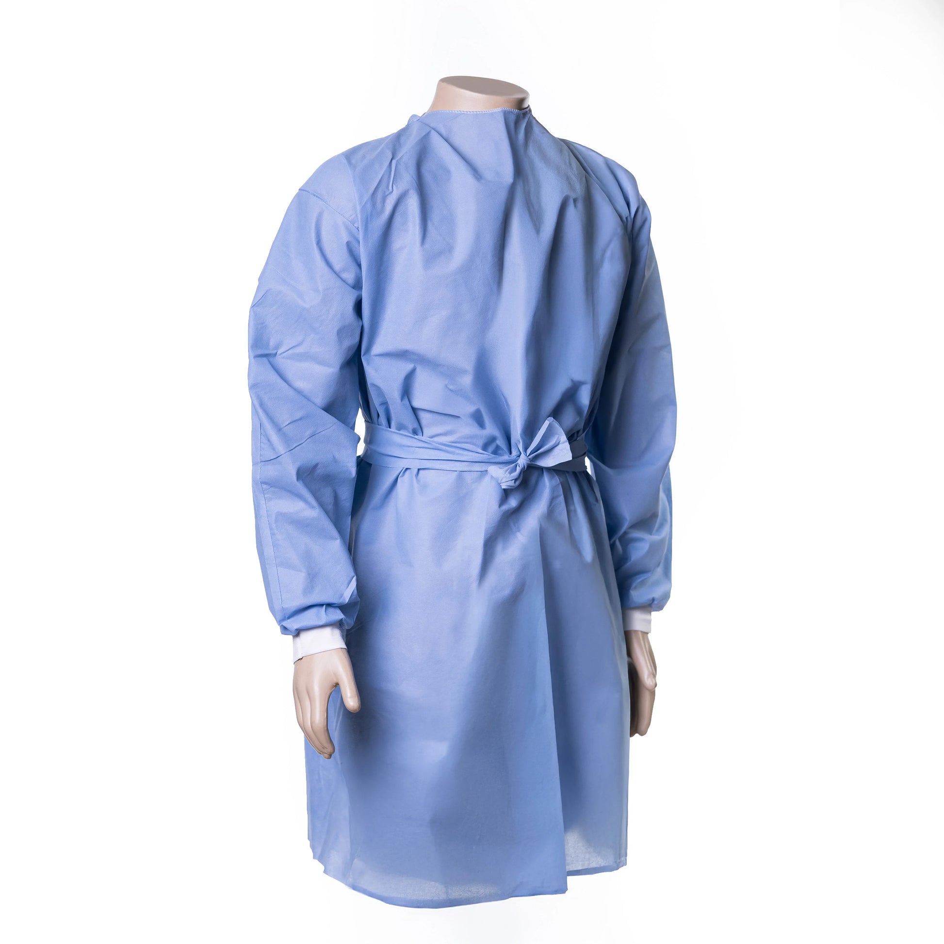 Blue disposable hospital gown on mannequin, long sleeves, bulk medical supplies USA