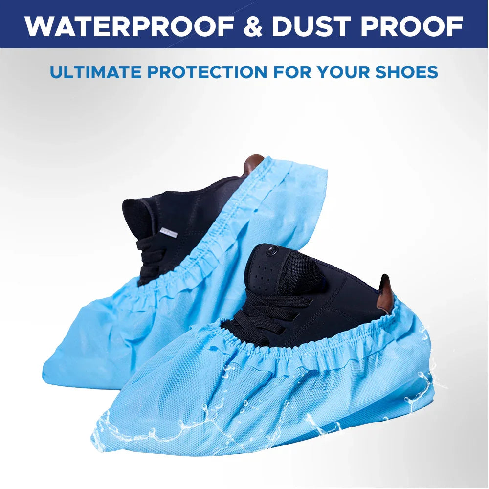 Blue waterproof disposable shoe covers protecting black sneakers, hospital supply by MEGA USA.