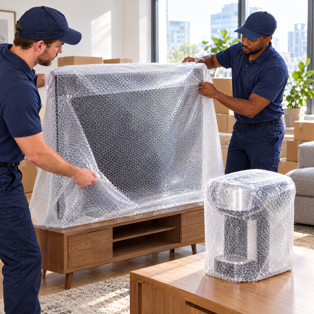 Movers protecting a TV with MEGA PLÁSTICOS bubble wrap