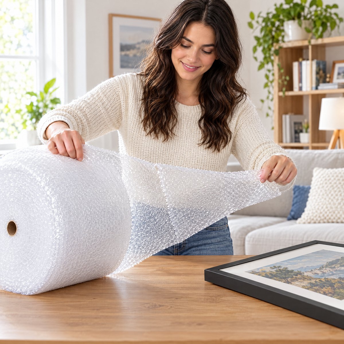 Tearing MEGA PLÁSTICOS perforated bubble wrap along the perforation line