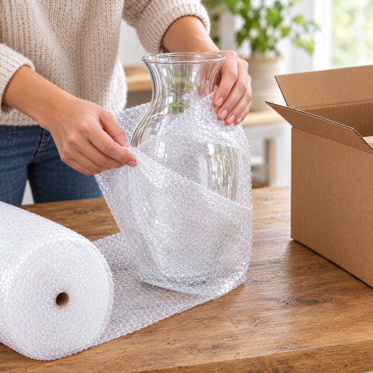 Wrapping a glass vase with MEGA PLÁSTICOS bubble wrap