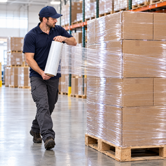 Worker wrapping a pallet with MEGA PLÁSTICOS hand stretch film