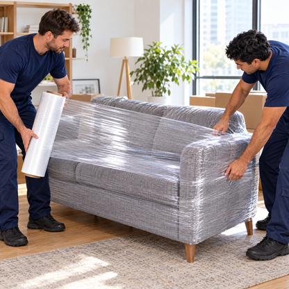 Movers wrapping a sofa with MEGA PLÁSTICOS hand stretch film