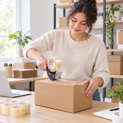 Sealing a shipping box with MEGA PLÁSTICOS clear packing tape at a home office