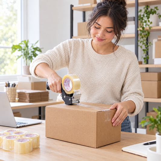 Sealing a shipping box with MEGA PLÁSTICOS clear packing tape at a home office
