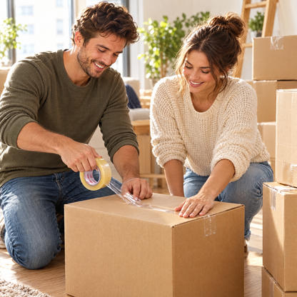 Couple sealing moving boxes with MEGA PLÁSTICOS clear packing tape