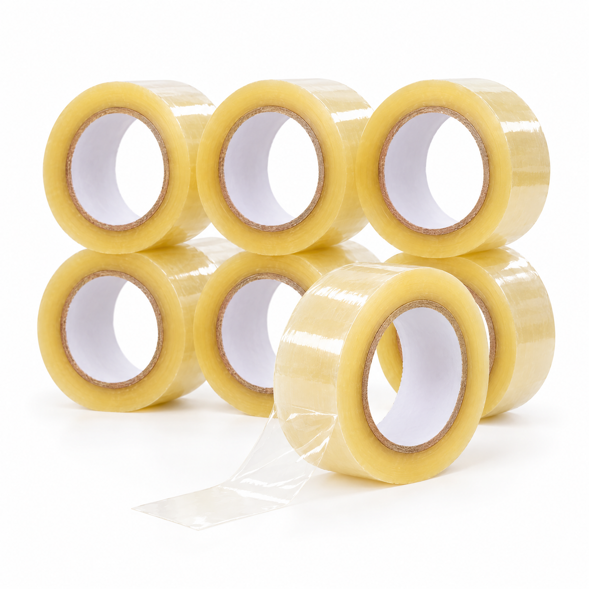 Six rolls of MEGA PLÁSTICOS clear packing tape, 1.89 in x 328 ft