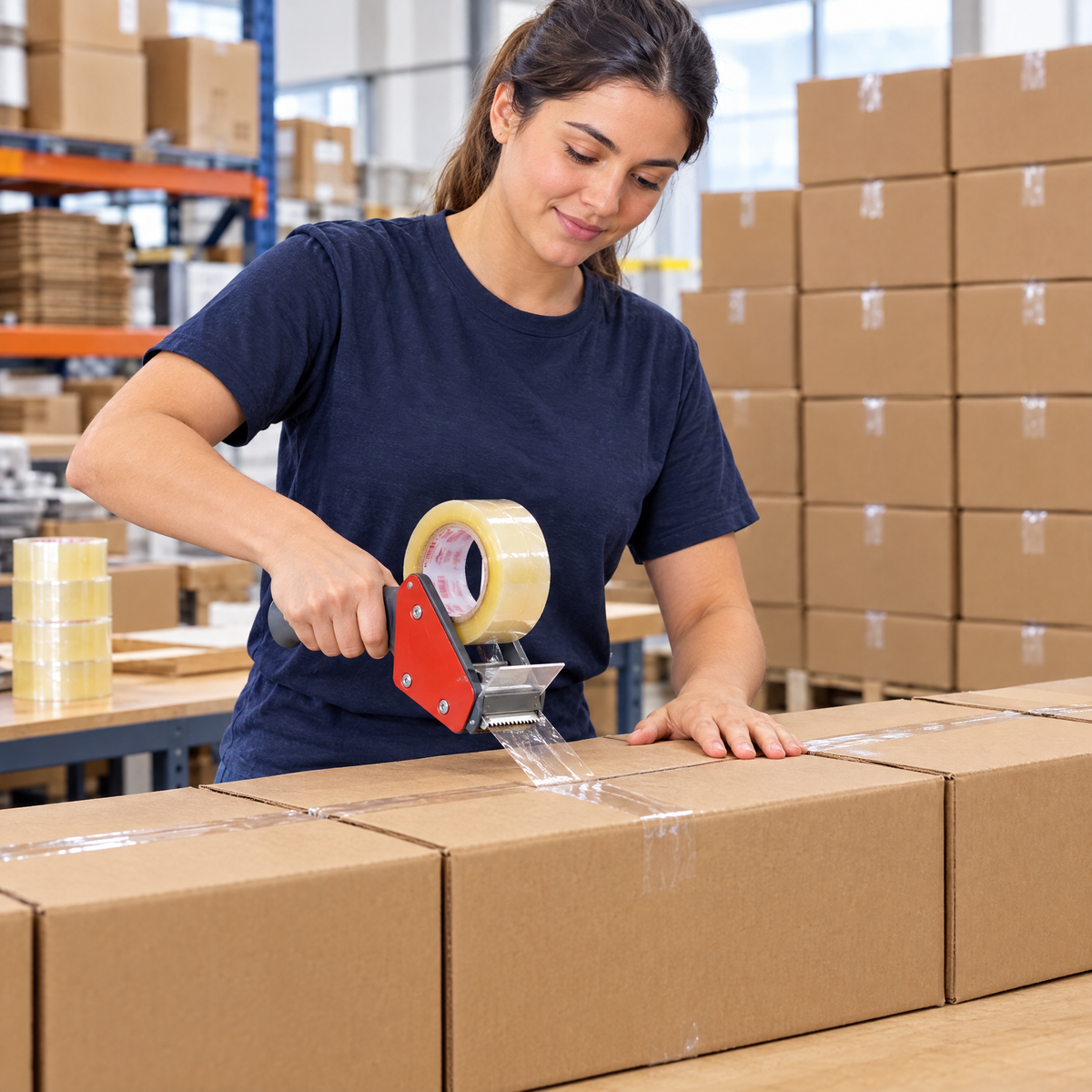 Warehouse packing station using MEGA PLÁSTICOS clear packing tape
