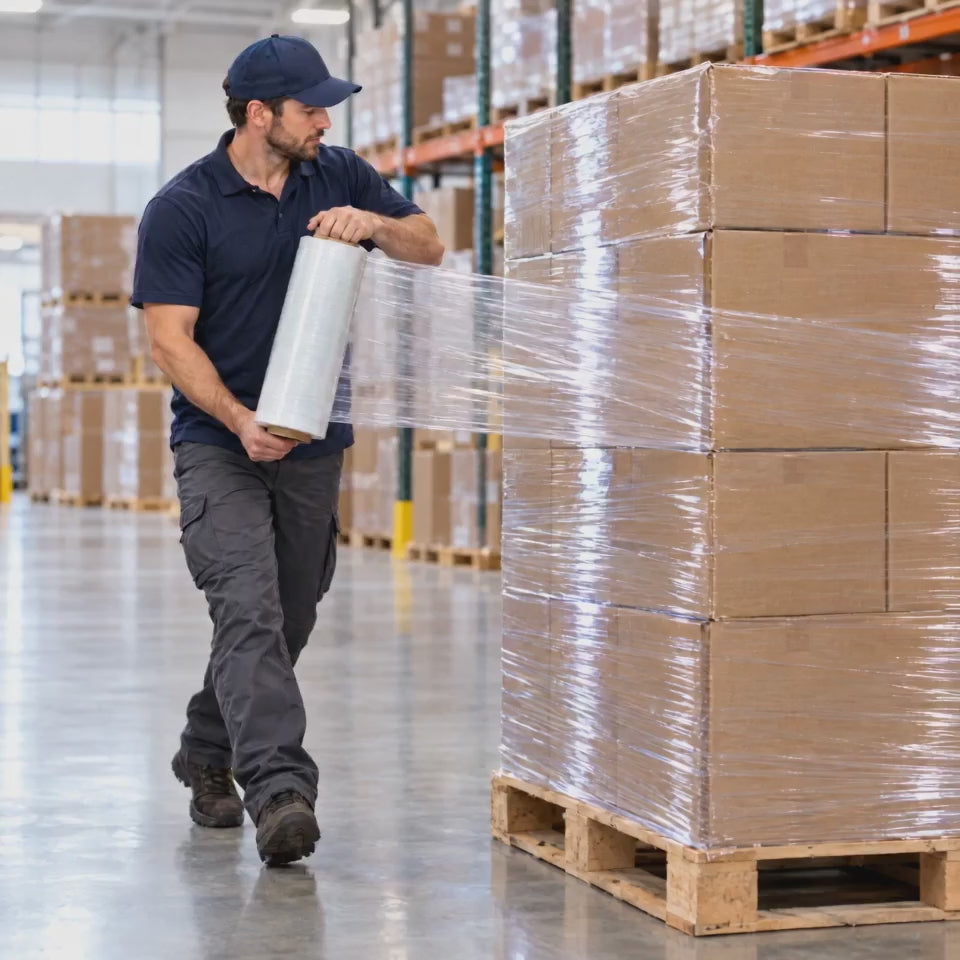 Wrapping a pallet with MEGA PLÁSTICOS hand stretch film
