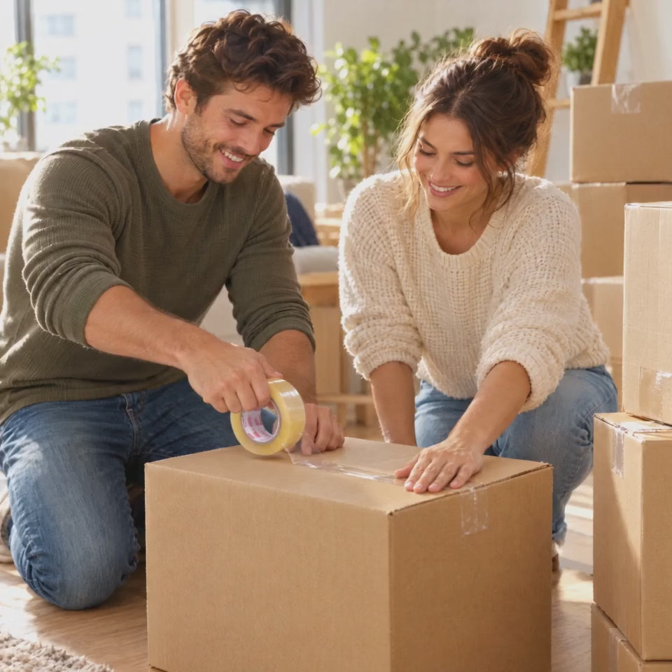 Couple sealing a moving box with MEGA PLÁSTICOS clear packing tape
