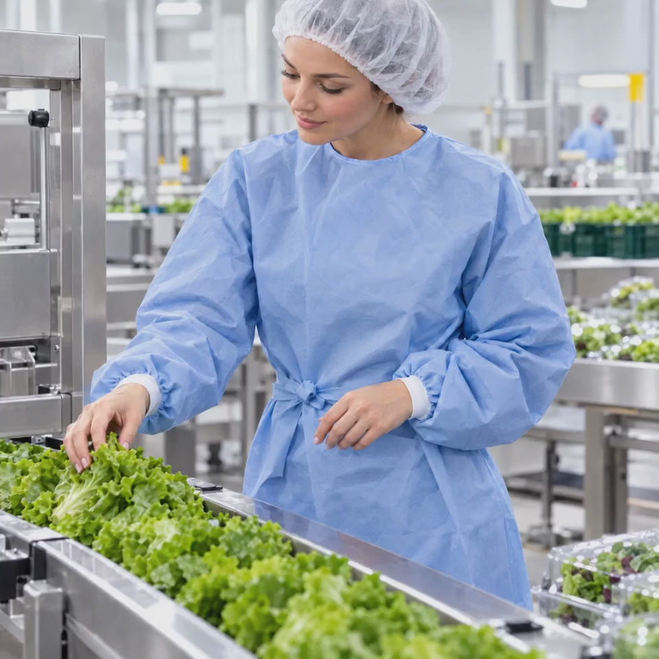 Worker wearing a TOTAL BLOK3R turquoise SMS disposable gown in a food processing plant