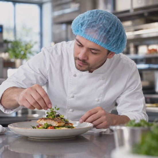 Chef wearing a TOTAL BLOK3R bouffant cap plating a dish