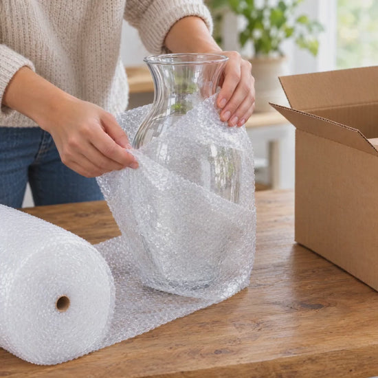 Wrapping a glass vase with MEGA PLÁSTICOS bubble wrap