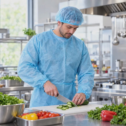 Cook wearing a TOTAL BLOK3R light blue disposable gown and bouffant cap in a restaurant kitchen