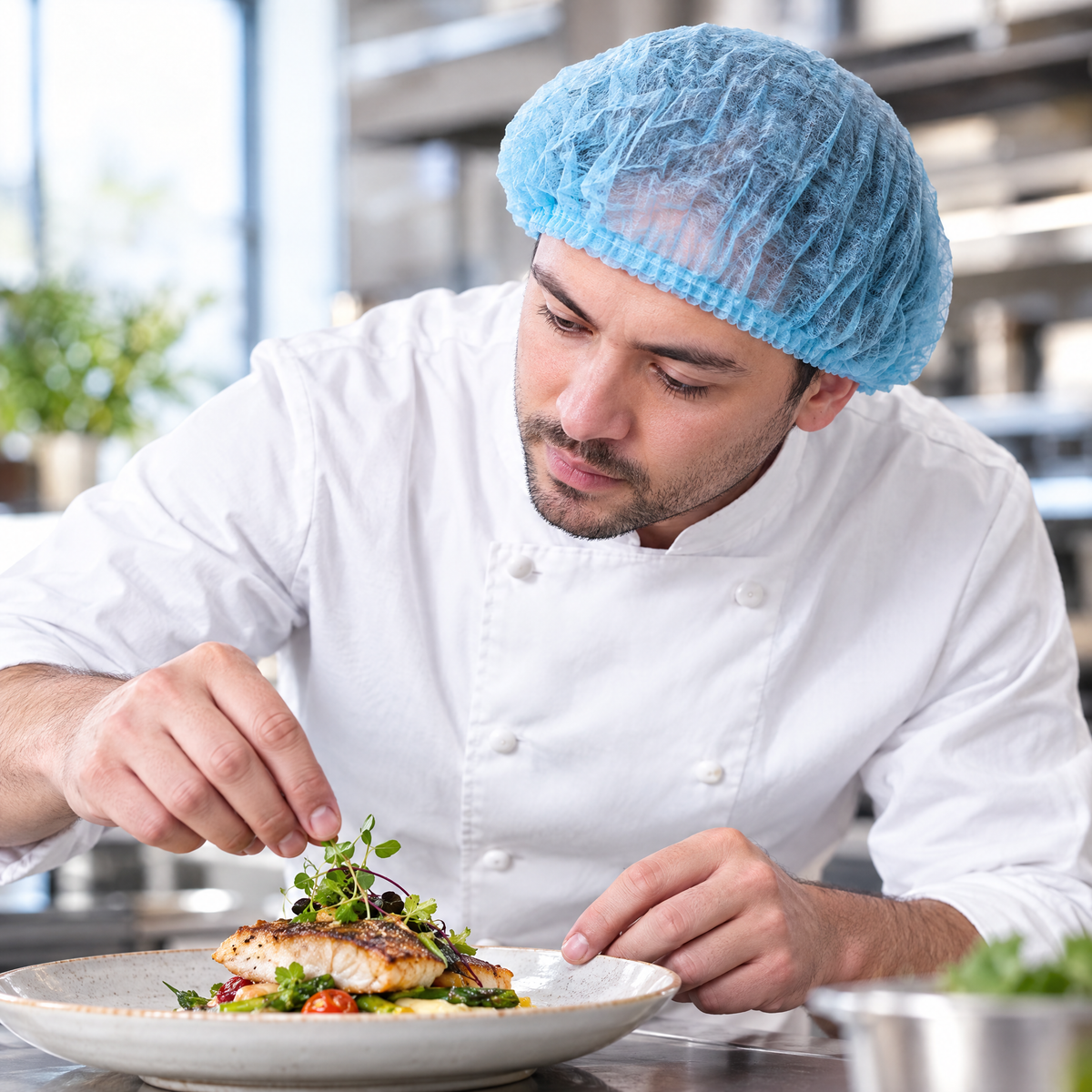 Chef wearing a TOTAL BLOK3R light blue bouffant cap while plating a dish